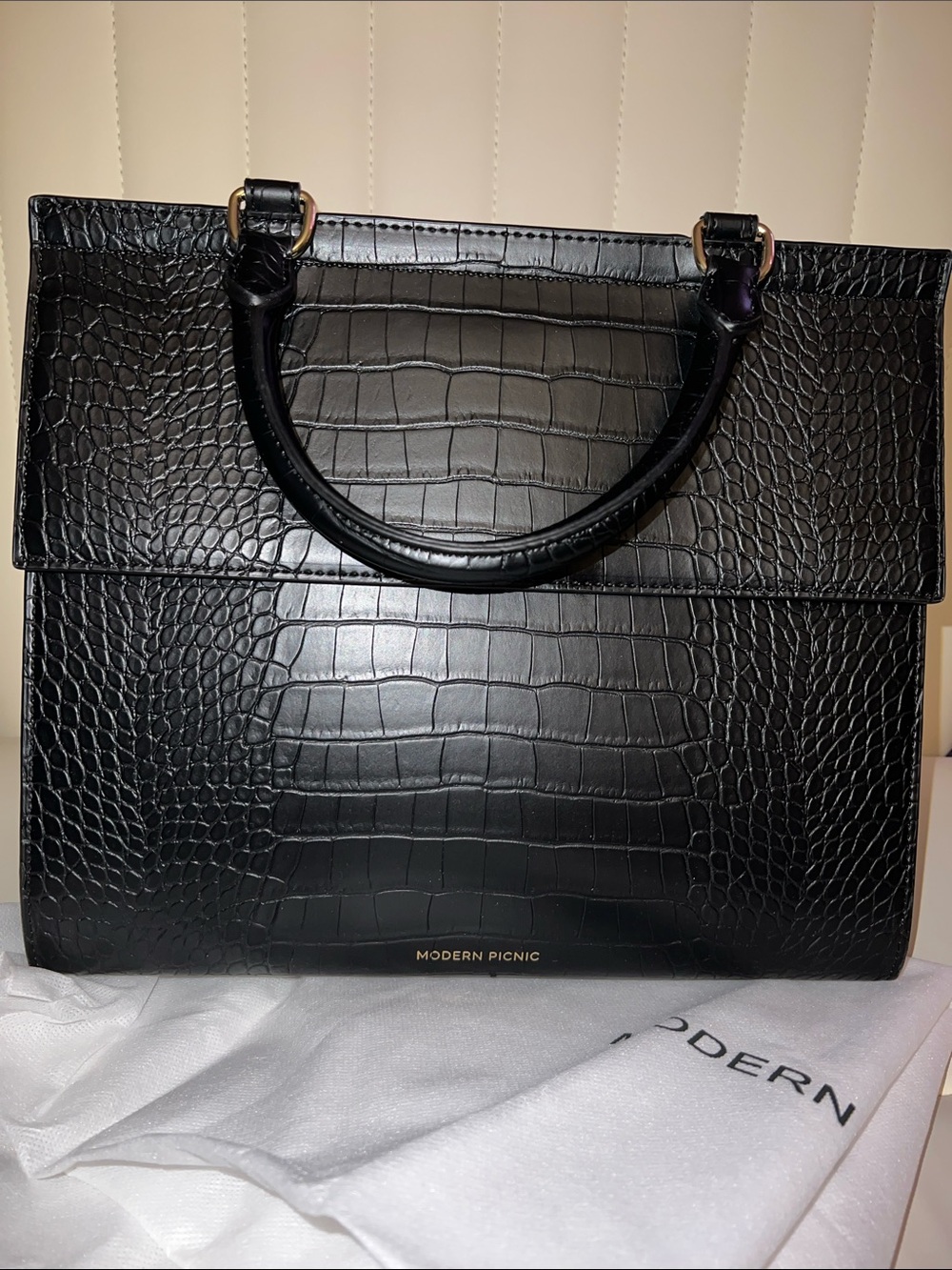 Modern Picnic Black Croc-Embossed Lunch Tote